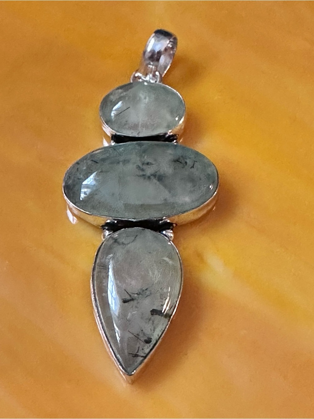 Artisan Silver Pendant with Pale TOURMALINATED QUARTZ Green Gemstone Trio